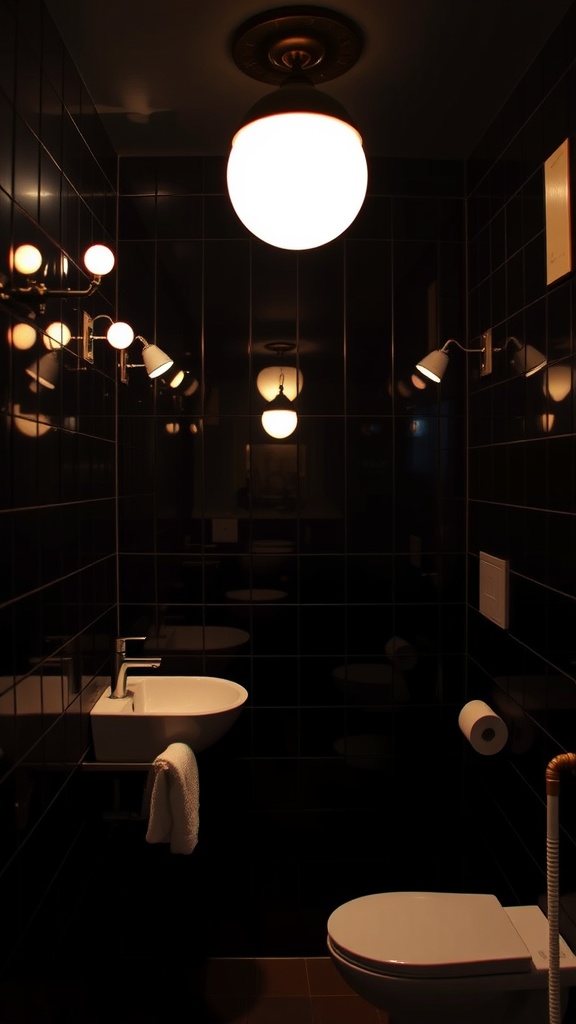 A dark bathroom with stylish lighting fixtures and black tiles.