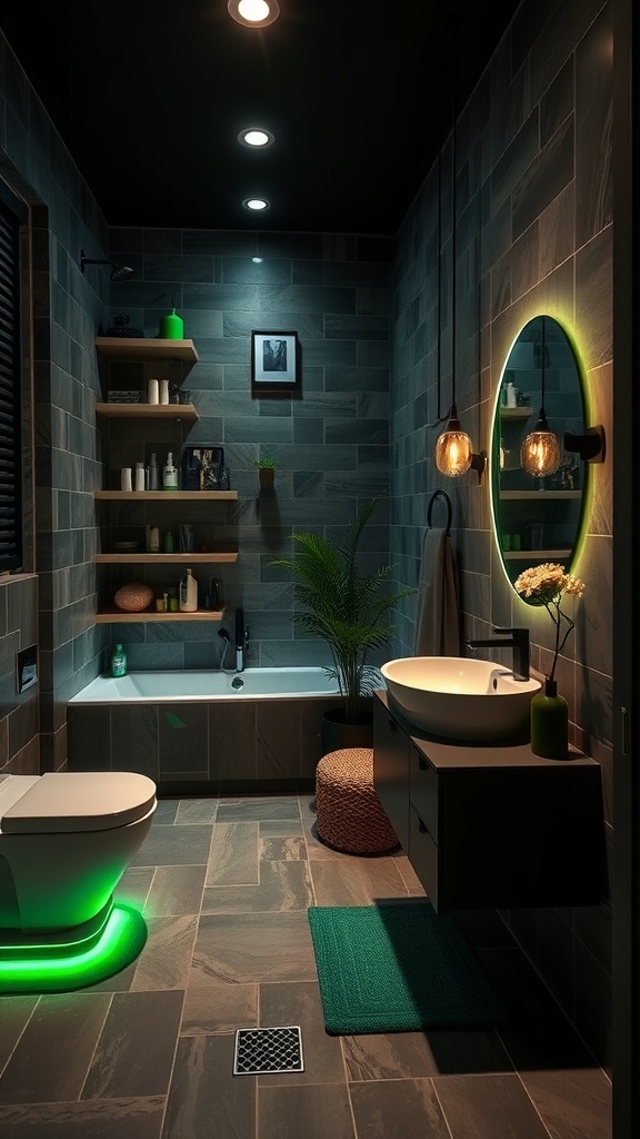 Modern bathroom featuring dark green and black tones with various lighting options