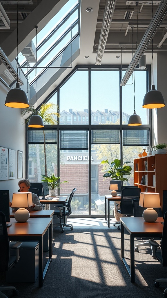 An office space featuring large windows with natural light, pendant lamps, and green plants.