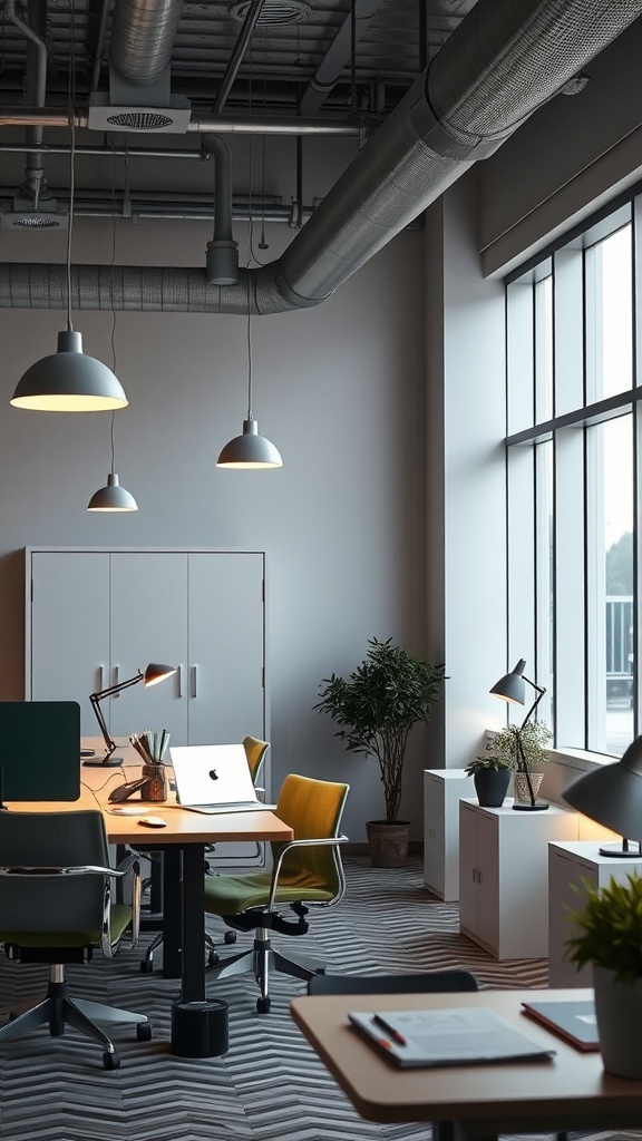 A modern office with pendant lights and desk lamps, featuring plants and a mix of natural lighting.