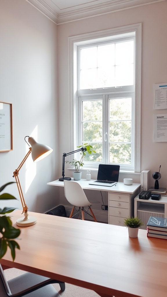 A small home office featuring a large window, desk lamp, laptop, and plants.