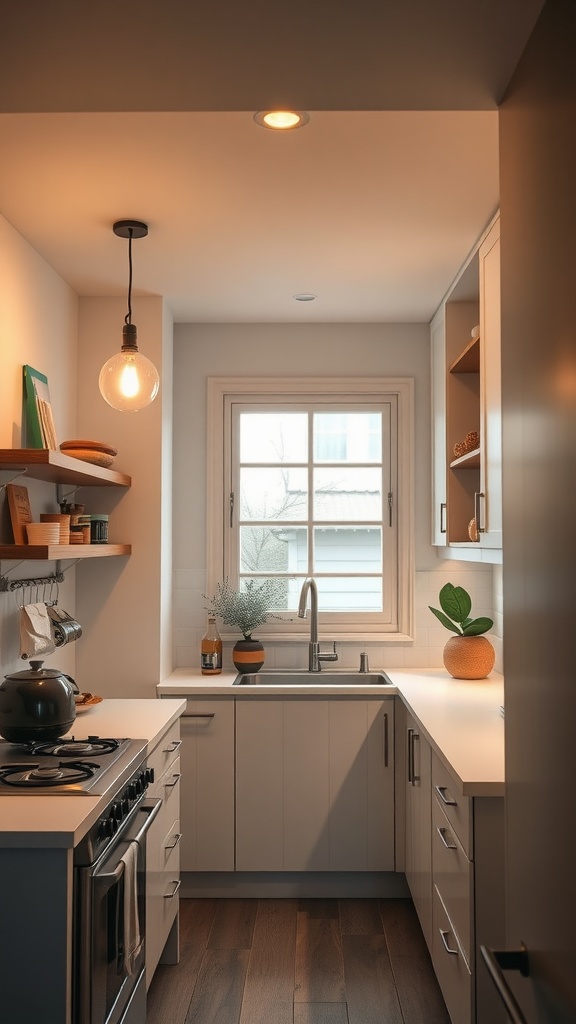 Cozy small kitchen with a window, pendant light, and plants