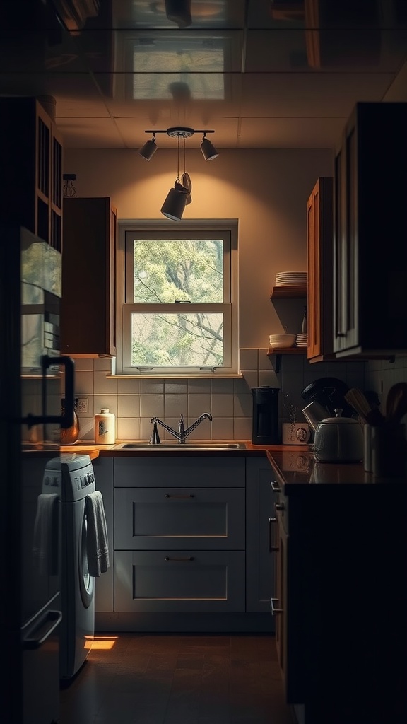 A small kitchen with spotlights and natural light, showcasing a cozy atmosphere.