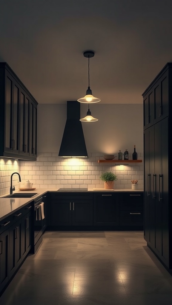 A modern kitchen featuring black cabinets with warm pendant lighting and under-cabinet lights.