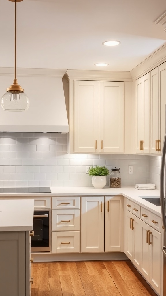 A modern kitchen featuring cream cabinets and various lighting techniques.