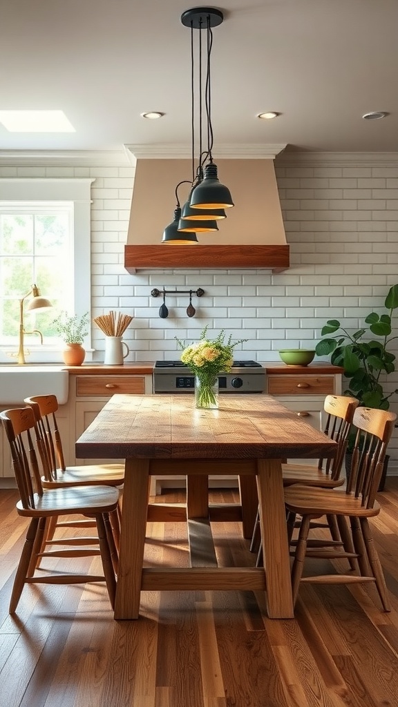 Lighting fixtures above a farmhouse kitchen table