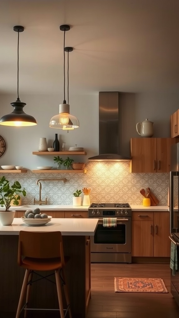 A mid-century modern kitchen with stylish pendant lighting and warm wood cabinetry.