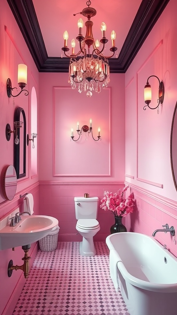 A pink and black bathroom featuring a chandelier and wall sconces