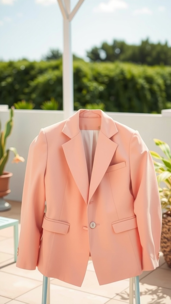A soft peach lightweight blazer displayed on a chair outdoors, surrounded by greenery.
