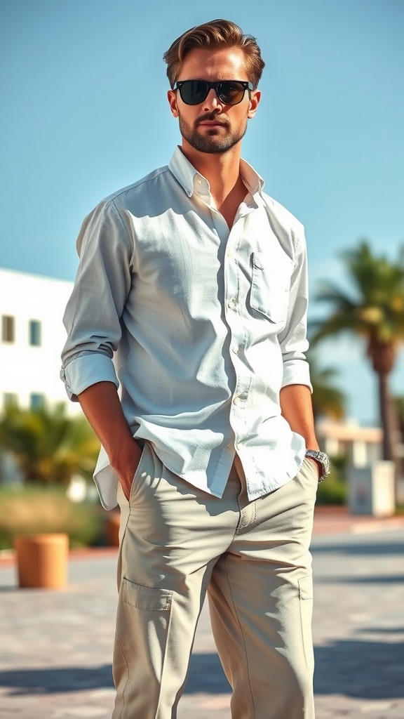 A man in a lightweight linen shirt and beige pants, wearing sunglasses, standing outdoors in a sunny environment.