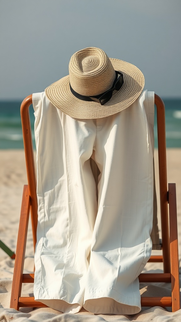 Lightweight linen trousers, a straw hat, and sunglasses on a wooden chair at the beach