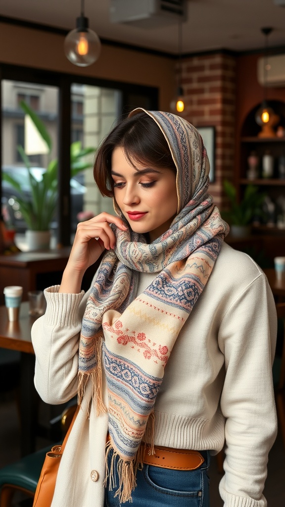 A woman with a lightweight scarf featuring bohemian details, styled in a cozy cafe setting.