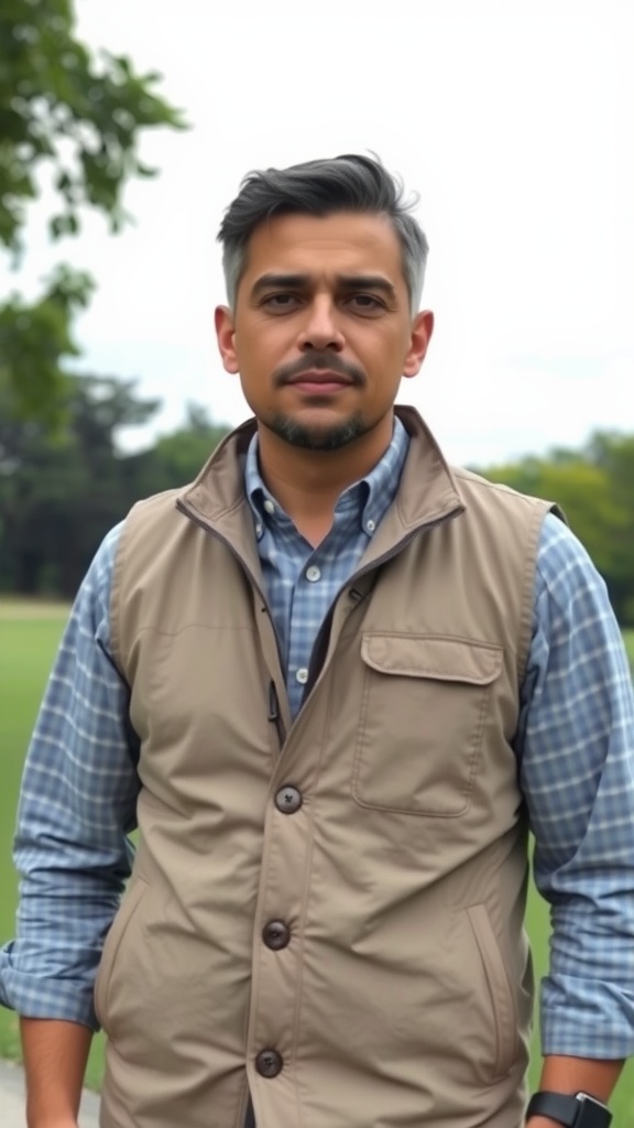 A man wearing a lightweight vest over a button-up shirt, standing outdoors.