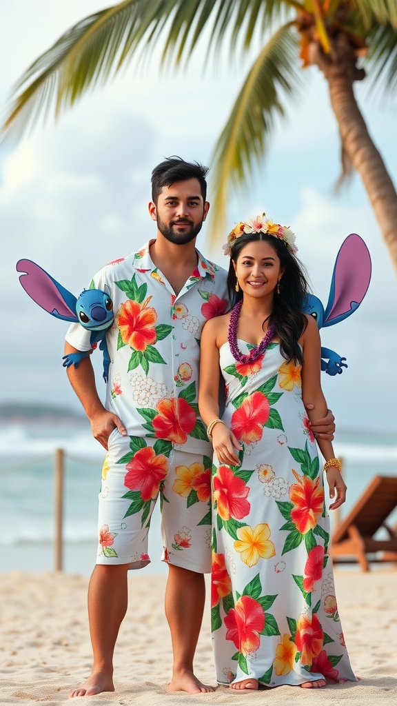 Couple in matching tropical outfits inspired by Lilo and Stitch, standing on the beach with Stitch plush and flower crown.