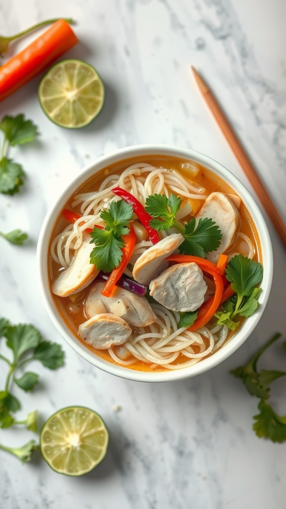 Bowl of lime and cilantro rice noodle soup with chicken and colorful vegetables.