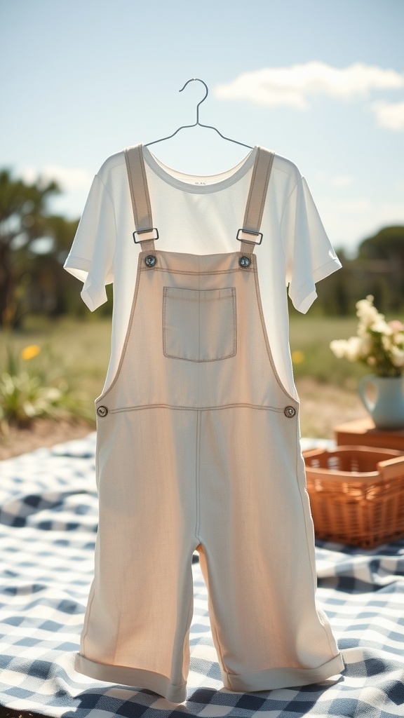 A pair of beige linen overalls hanging next to a white simple tee, set against a sunny outdoor background.