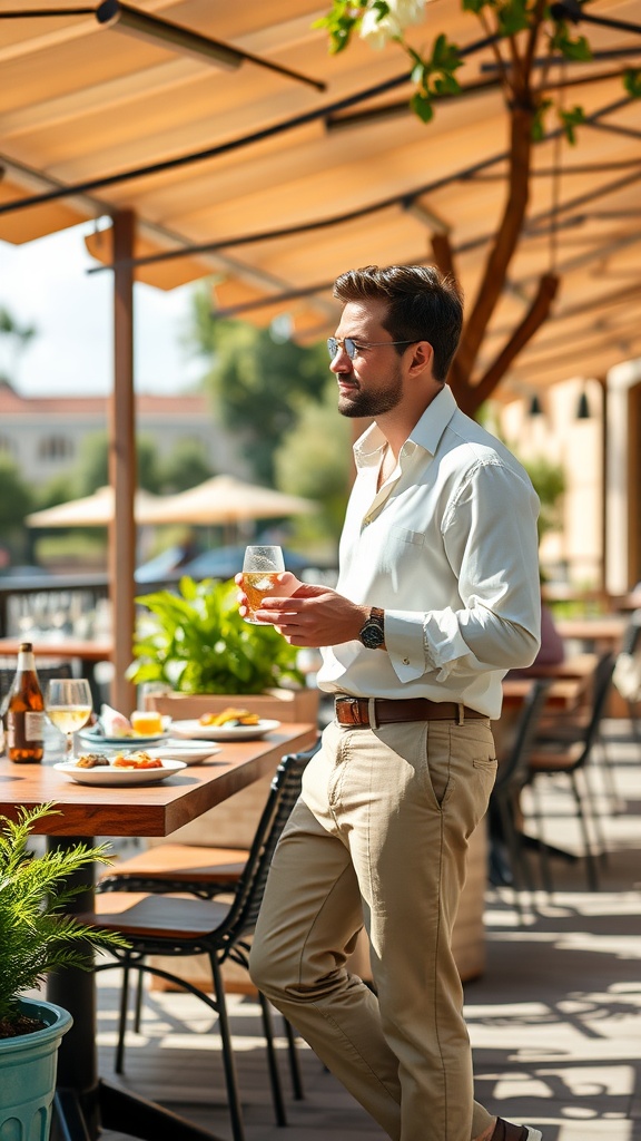 A man wearing a linen shirt and slim fit trousers, enjoying a drink outdoors at a patio.
