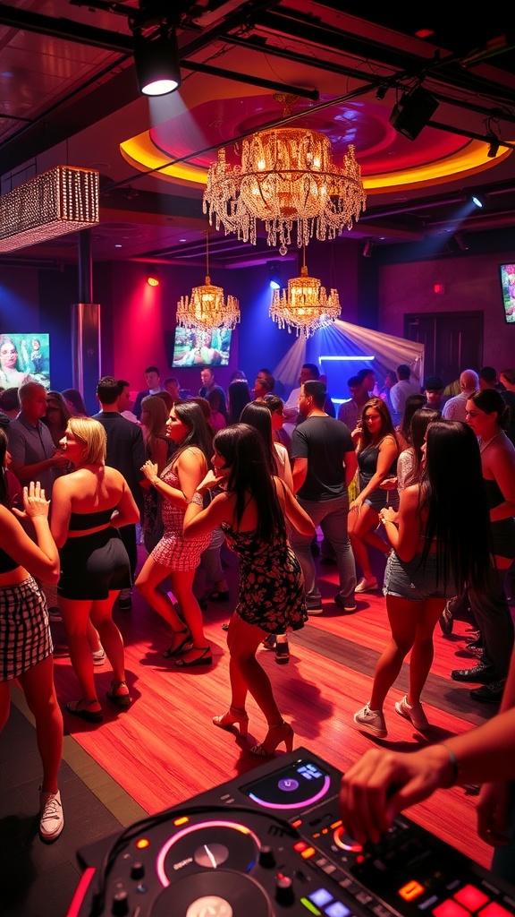 A lively dance floor in a Vegas club with a DJ, colorful lights, and people dancing.