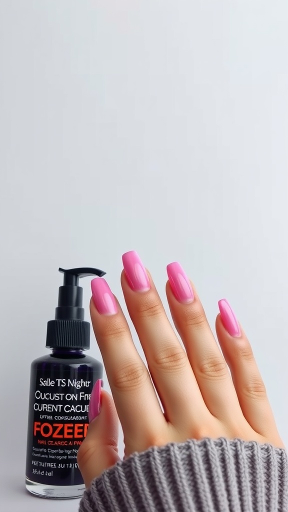 Image of manicured hands with pink chrome nails, beside a bottle of nail care product.