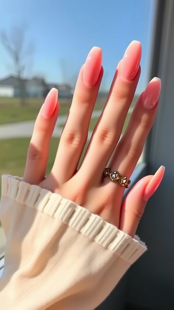 A hand showing long almond-shaped nude pink chrome nails with a gold ring, against a sunny backdrop.