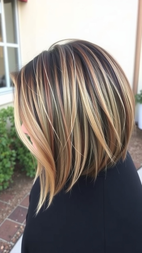 A side view of a long bob hairstyle with a beautiful ombre effect, showcasing shades of dark brown, blonde, and caramel.