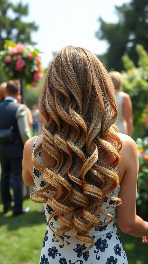 A woman with long curls styled in a mullet hairstyle, showcasing vibrant hair colors.