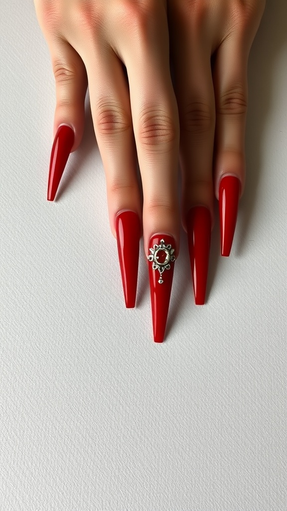 Long red coffin nails with a decorative design.