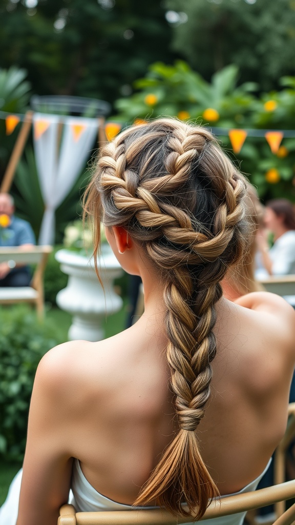 A woman with a loose crown braid hairstyle sitting outdoors