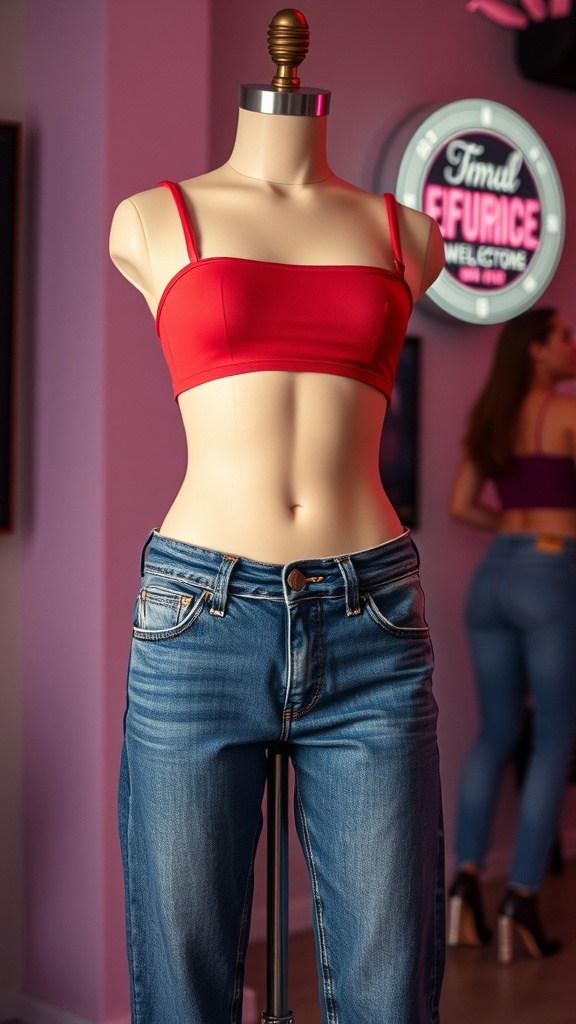 Mannequin wearing a red tube top with low-rise jeans