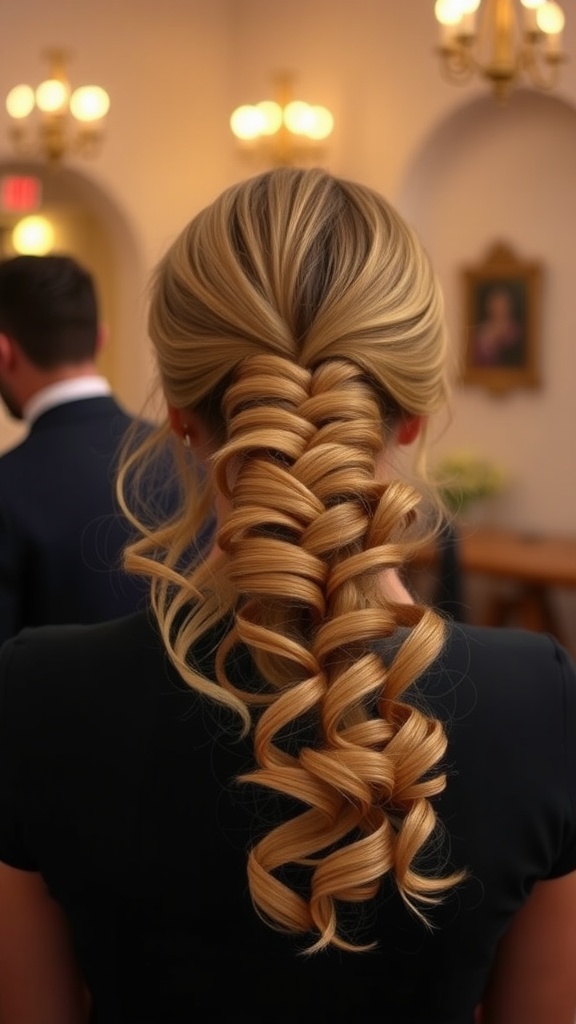 A woman with a low curled ponytail hairstyle, showcasing defined curls tied at the nape of the neck.
