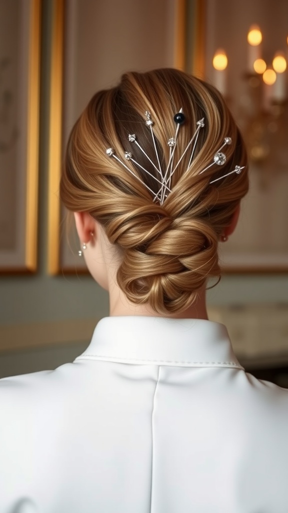 A stylish low curly ponytail adorned with elegant hairpins, showcasing a sophisticated look.