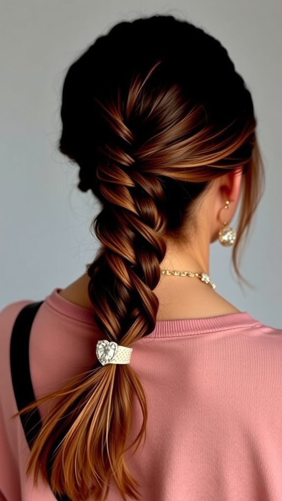 A low ponytail hairstyle with braided accents, featuring a sparkling hair accessory, showcasing texture and style.