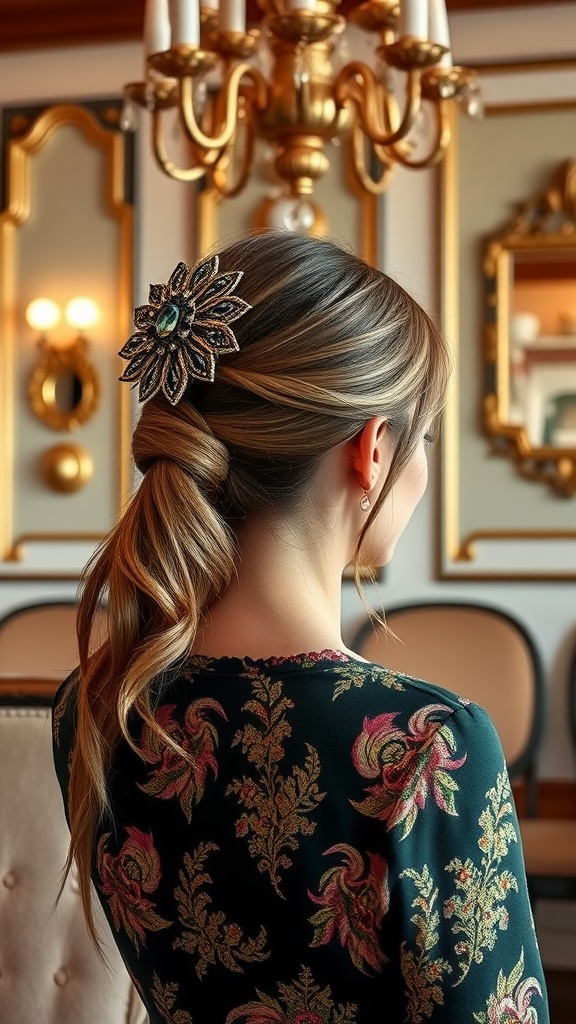 A woman with a low ponytail, accented by a decorative hair accessory, in an elegant room.