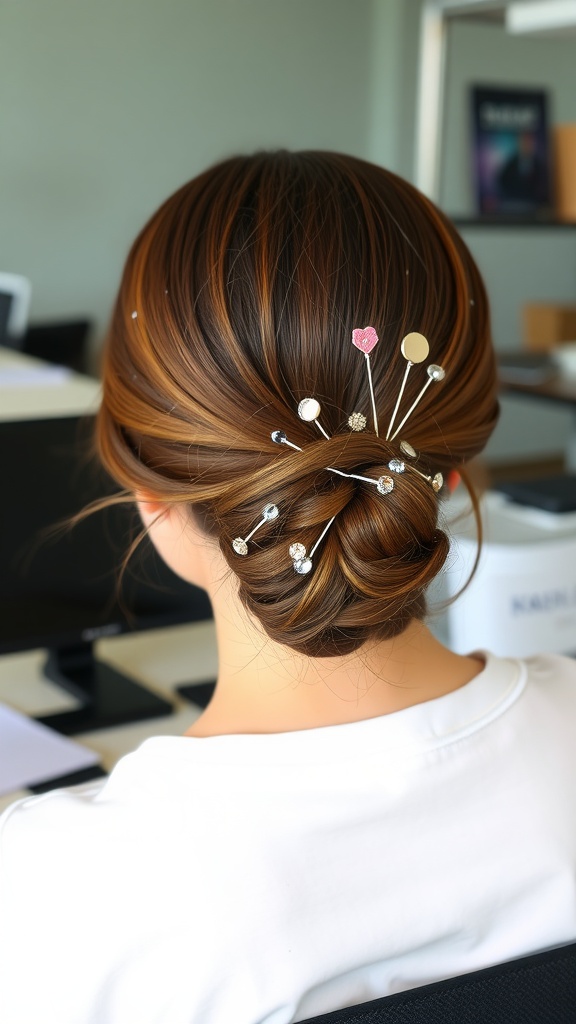 A woman's low side bun hairstyle adorned with decorative pins, showcasing a blend of elegance and trendiness.