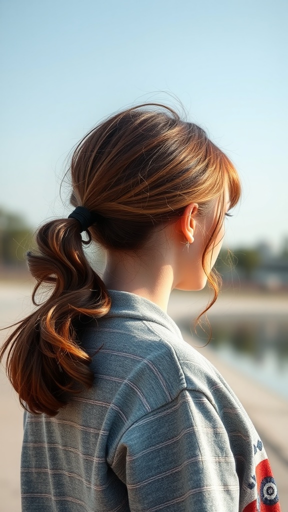A young woman with a low side ponytail, showcasing a relaxed hairstyle by the water.