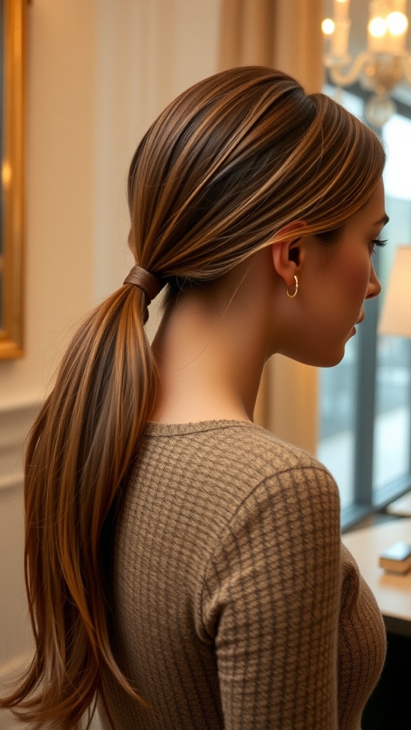 A woman with a low sleek ponytail and middle part, showcasing smooth hair and subtle highlights