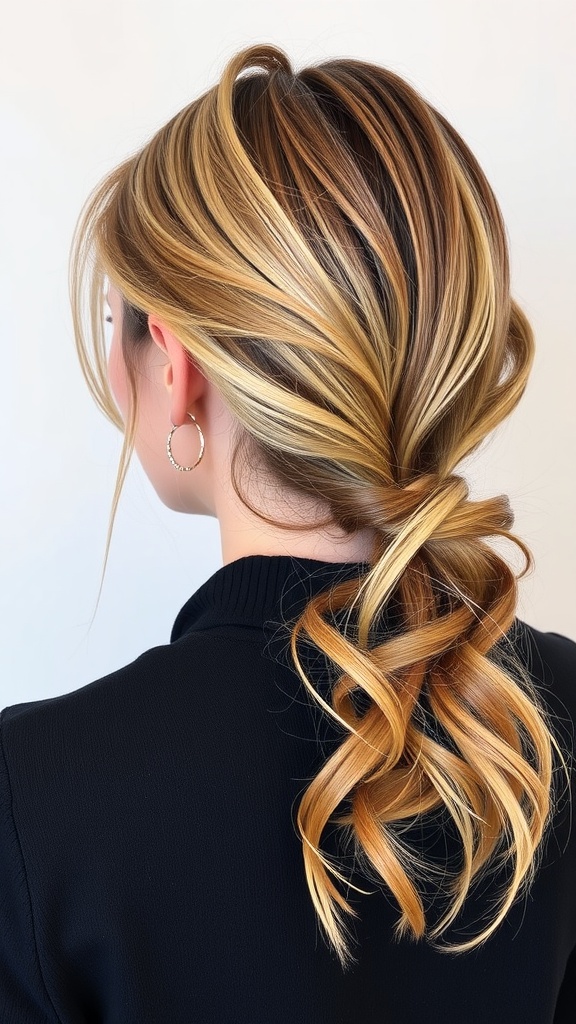 A low textured ponytail hairstyle with soft waves and natural hair colors.
