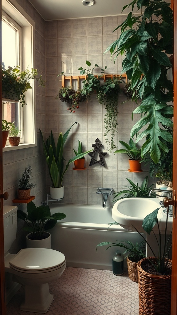 A bathroom filled with various plants, featuring hanging pots and tall leafy plants, creating a cozy and inviting atmosphere.