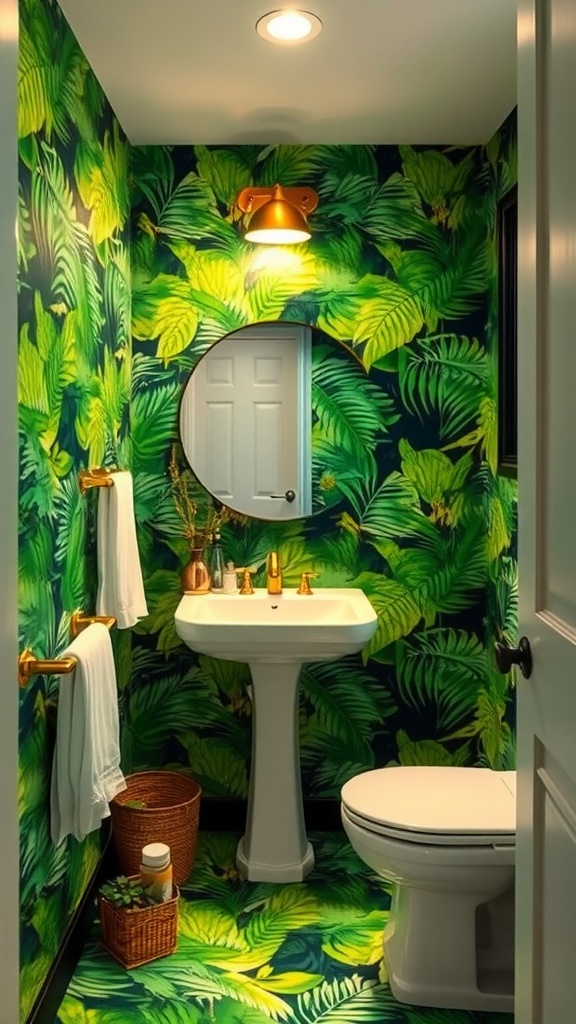 Guest bathroom with lush tropical foliage wallpaper, white sink, and warm lighting