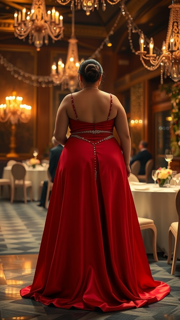 A plus-size woman wearing a glamorous red dress with luxurious fabric, standing in an elegant dining setting.