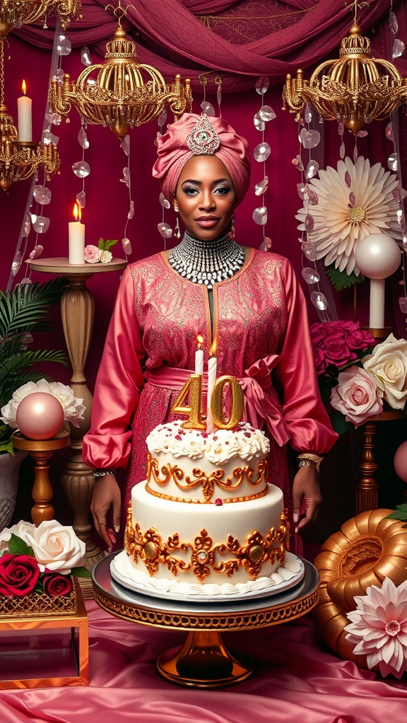A woman in a pink satin dress celebrating her 40th birthday with a decorated cake and elegant backdrop.