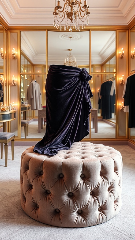 A luxe velvet wrap skirt displayed on a round tufted ottoman in a chic boutique setting.