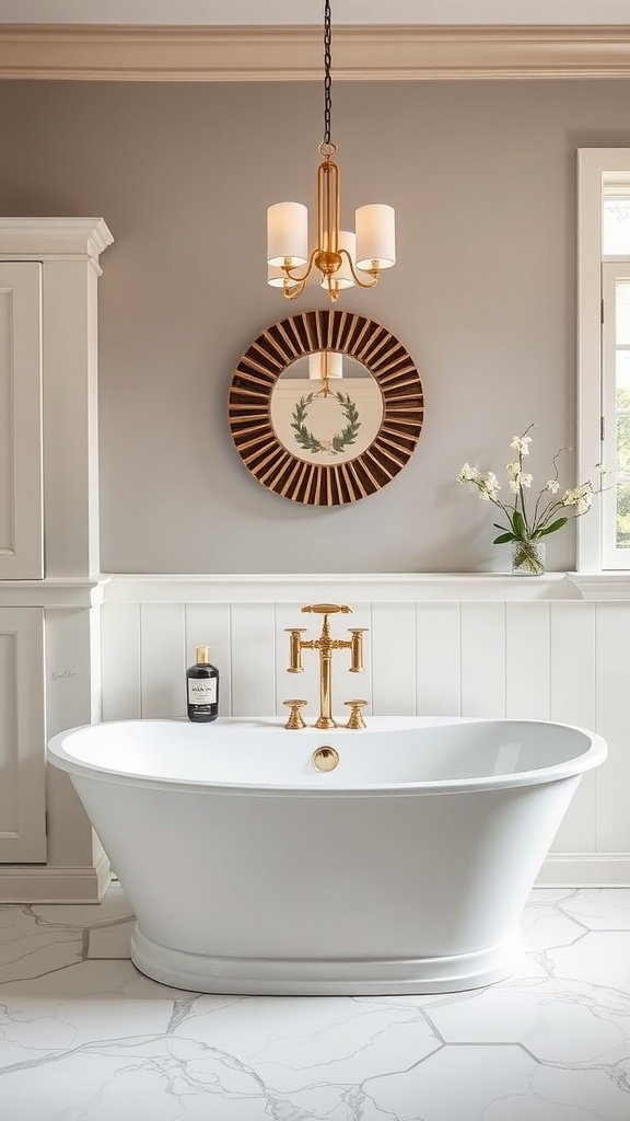 A luxurious freestanding bathtub with a golden faucet, stylish lighting, and elegant decor in a modern bathroom setting.