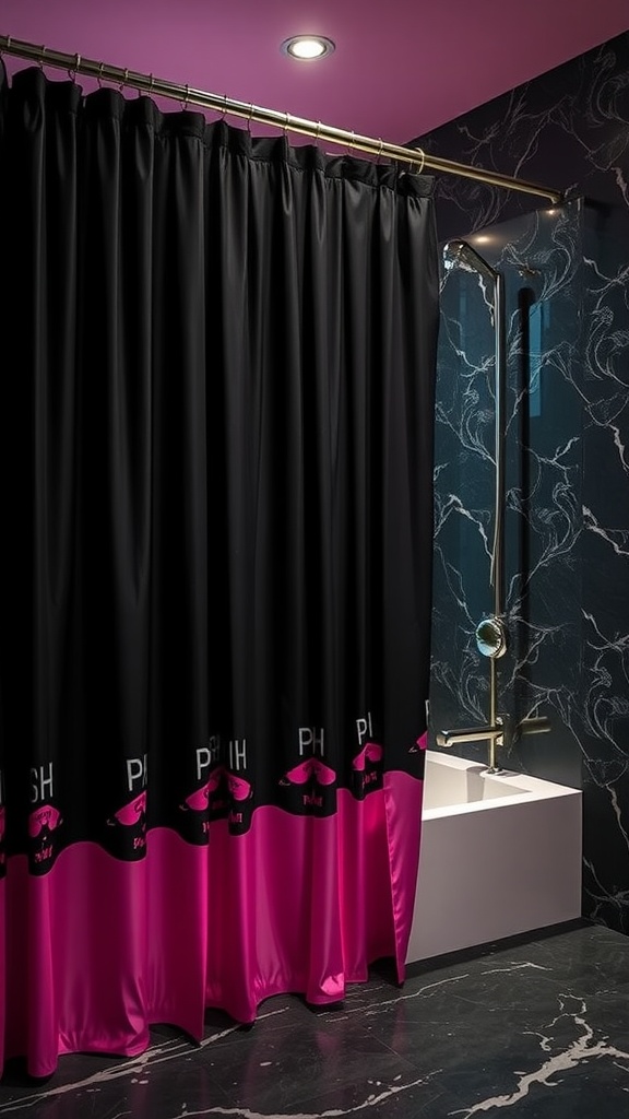 A luxurious black and pink shower curtain in a stylish bathroom setting