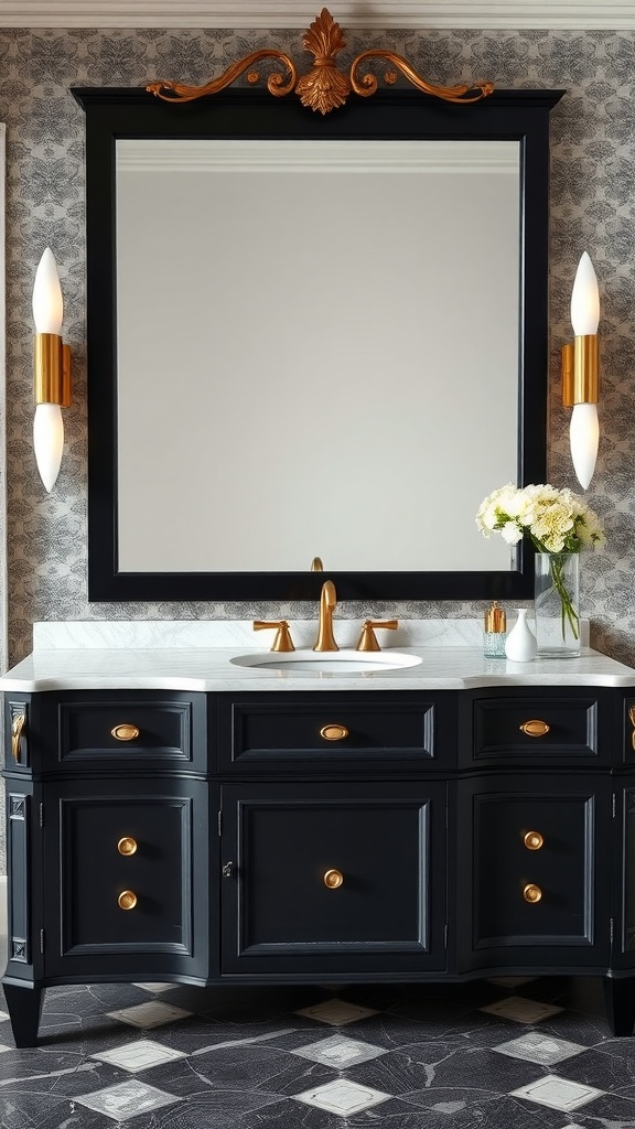 Luxurious black vanity with gold accents and a marble countertop in a stylish bathroom setting.
