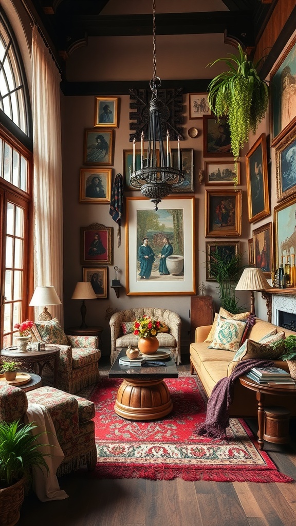 A cozy living room with eclectic artwork, plush seating, and warm lighting.