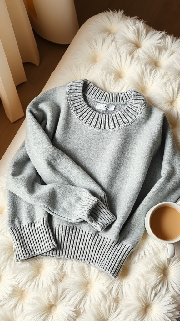 A light gray cashmere sweater laid on a fluffy surface with a cup of coffee beside it.