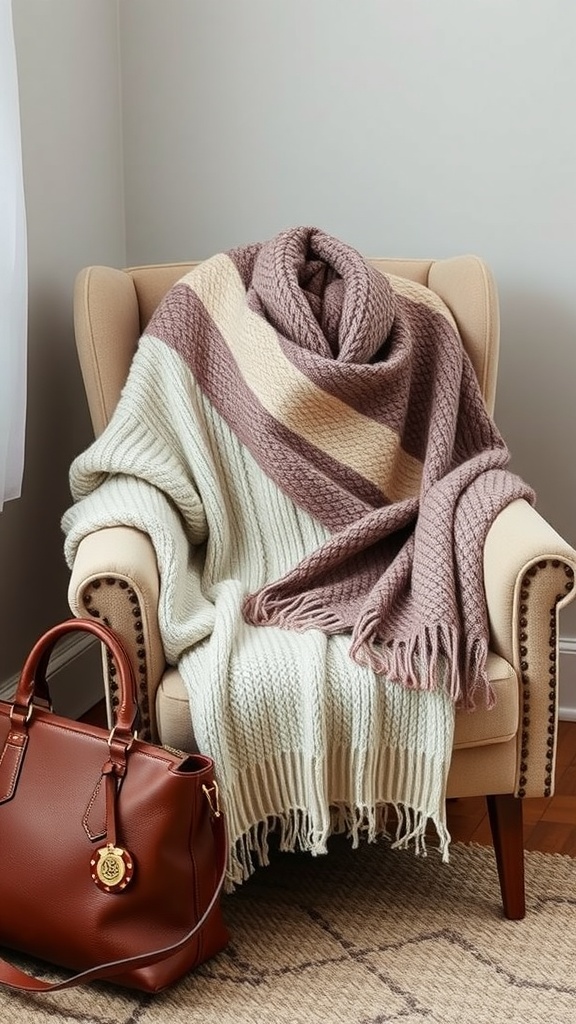A cozy cashmere throw draped on an armchair next to a stylish brown handbag.