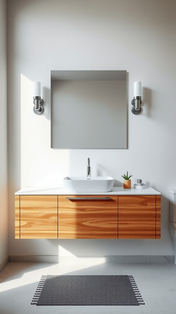 A modern guest bathroom featuring a wooden floating vanity with a white countertop, minimalistic sink, and contemporary lighting.
