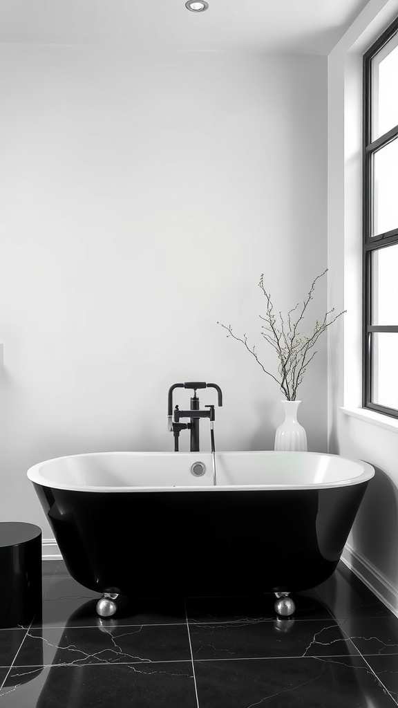 A luxurious black freestanding bathtub in a modern bathroom with black marble flooring and white walls.